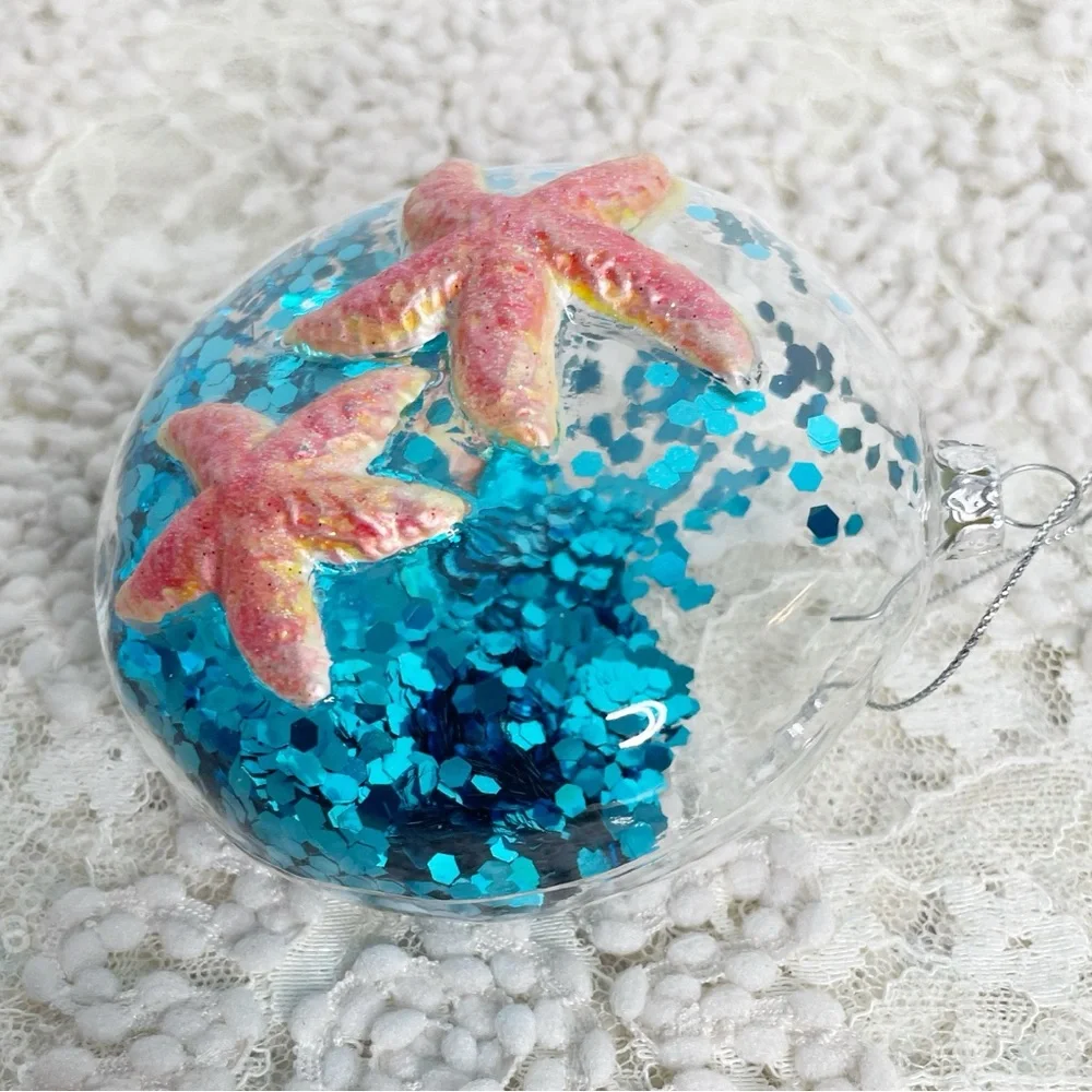 Pottery Barn Glass Starfish And Seashells With Blue Glitter Ornament Coastal